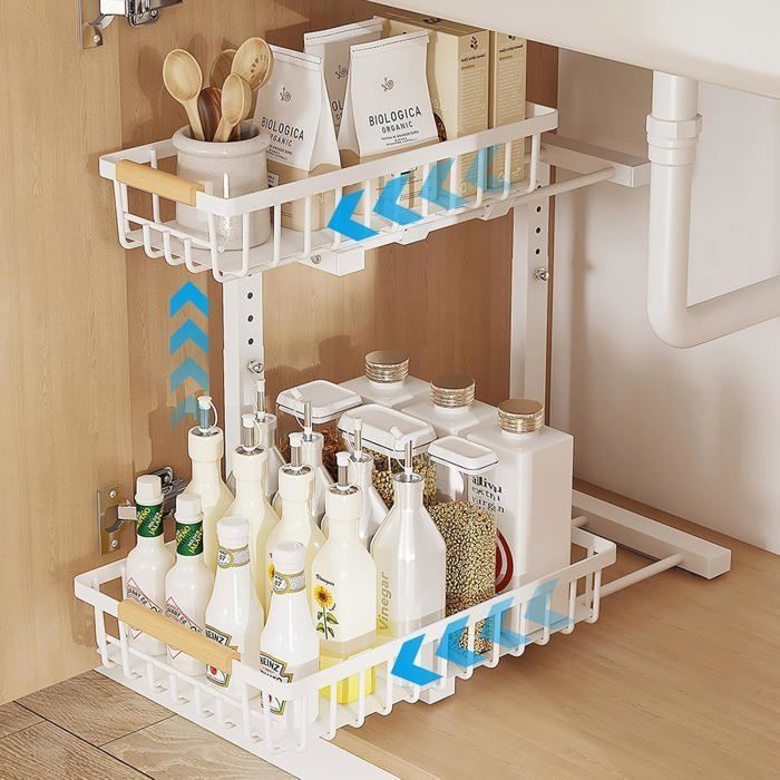 Organisation et rangement sous lévier : Organisateur de salle de bain sous lévier à deux niveaux réglable en hauteur