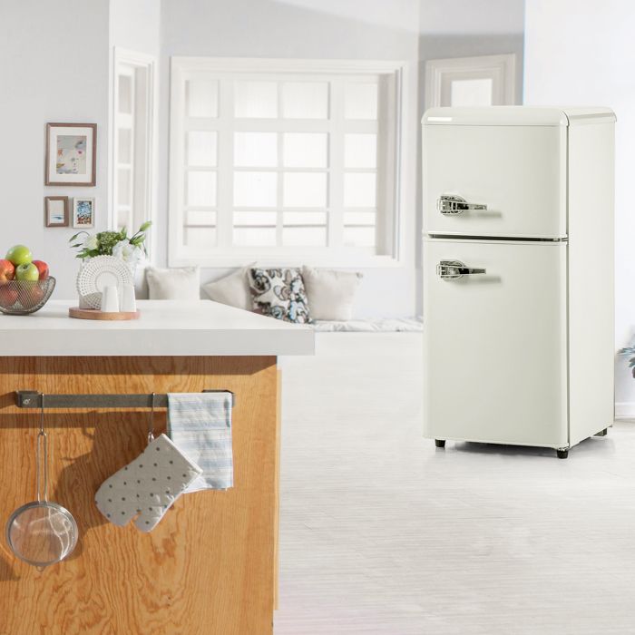 Réfrigérateur Combiné Compact 2 Portes 60L avec Congélateur 22L Mini Frigo Rétro Silencieux 45dB 102kWh Blanc Crème