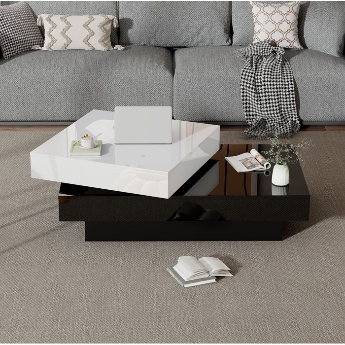 Table basse pivotante blanc et noir 103 x 60 x 35 5 cm 2 niveaux panneaux de particules