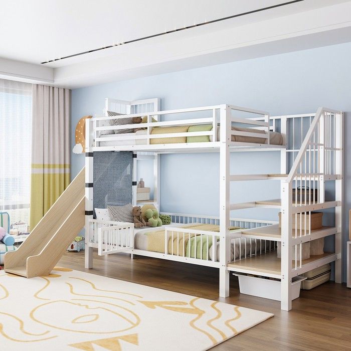 Lit superposé métal avec toboggan et escalier rangement 90x200 cm barrière de sécurité étagères intégrées chambre enfant blanc