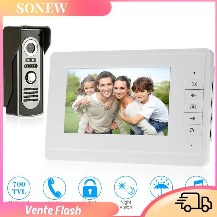 Sonew Système dinterphone Système de visiophone filaire de 7 pouces sonnette bricolage motorisation Prise UE blanche