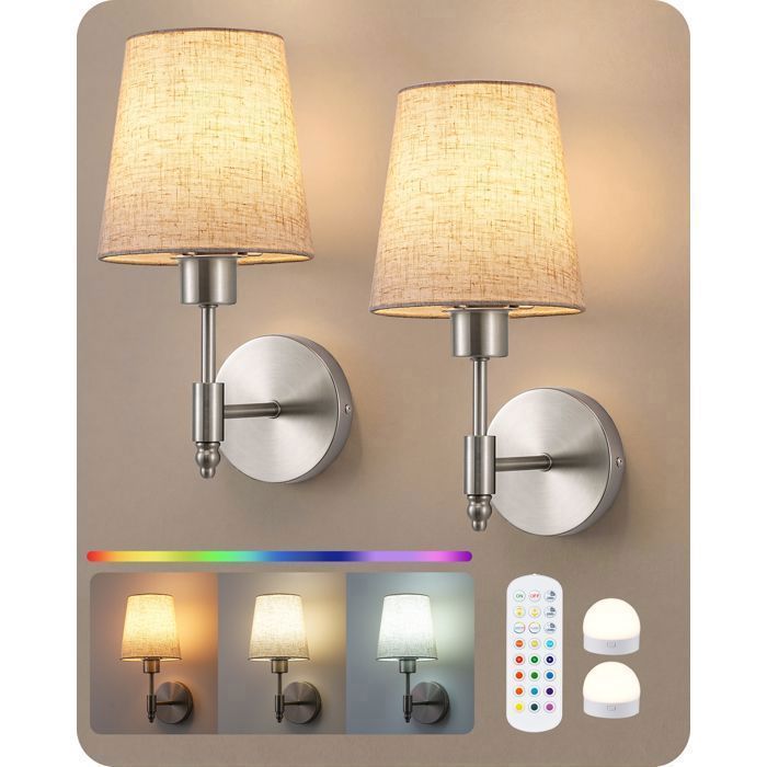 Applique murale rechargeable - EDISHINE - Aspect lin naturel - Télécommande - 12 couleurs RGB - Dimmable minuterie