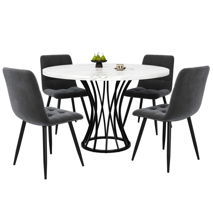 Table à manger ronde avec 4 chaises bureau à texture marbre chaises en velours gris