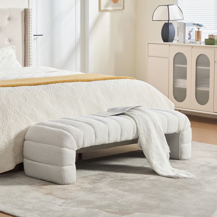 Banquette de lit moderne sans accoudoirs 160x51x45 cm Ivoire chenille banc rangement meuble chambre