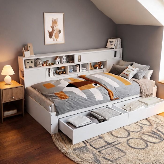 Lit de jour enfant blanc avec tiroirs étagères et armoire 140x190 cm MDF