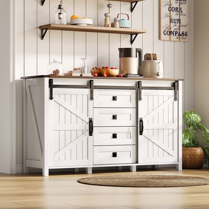 Buffet 137 cm bahut rangement rangements intégrés portes coulissantes 4 tiroirs style vintage blanc adapté