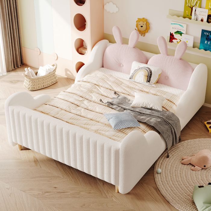 Lit Enfant Rembourré 140x200 cm BlancTête de Lit avec Coussin Lapin AmovibleBarrières Latérales NuageLit Plateforme(Sans Matelas)