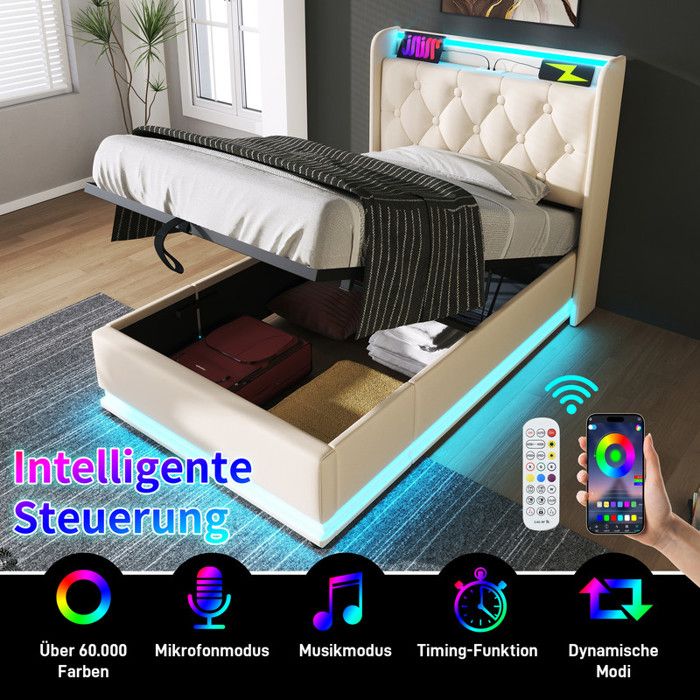 Lit Simple Capitonné - 90x200cm LED à 360° par APP et Télécommande USB Type-C Coffre Hydraulique Cadre de Lit en Fer PU Blanc