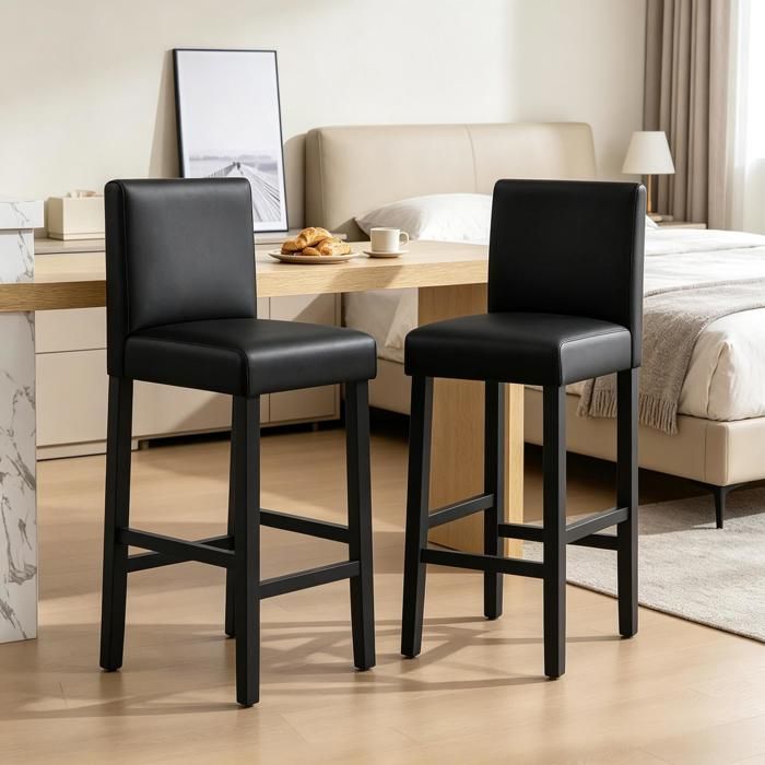 Tabouret de bar - Ensemble de 2 pièces - Cuir synthétique - Bois massif - Dossier haut - Style industriel