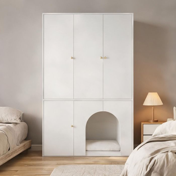 Armoire 3 portes avec niche pour animal MDF soft white 120x50x200 cm style épuré