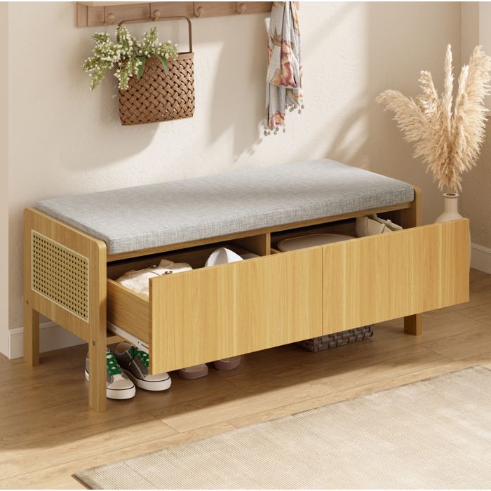 Banc à chaussures avec assise rembourrée 113 x 40 x 45 5 cm 2 tiroirs bambou et MDF naturel et gris