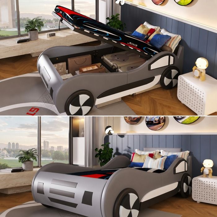 LIT ENFANT VOITURE pour un garçon 90X200 cm livré avec sommier et rangement