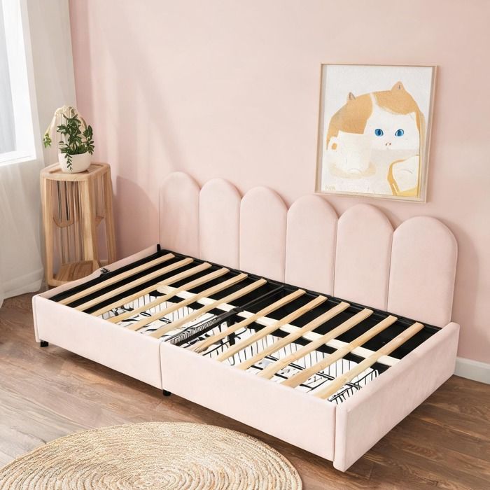 Sommier tapissier 90x190 cm velours warm pink avec coffres de rangement et lattes design modulable