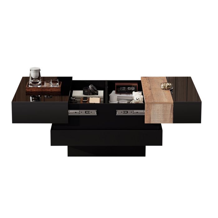 Table basse carrée extensible 70x70x39 cm rangement secret MDF noir finition haute brillance