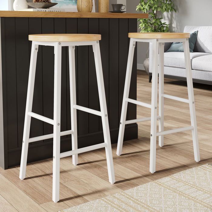 Tabouret de bar - SOGEU - Lot de 2 - Assise aspect bois - Pieds métal blanc réglables - Charge 150 kg