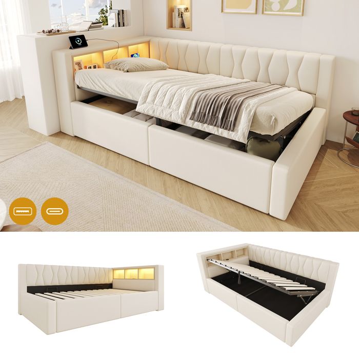 Lit superposé 90x200 cm lit enfant couchage dappoint rangement hydraulique étagères LED port USB lin beige