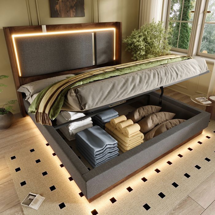 Lit Coffre - en Lin Gris et Noyer - 180x200 cm - King Size - avec LED - Tête de Lit Rembourrée - MERAX