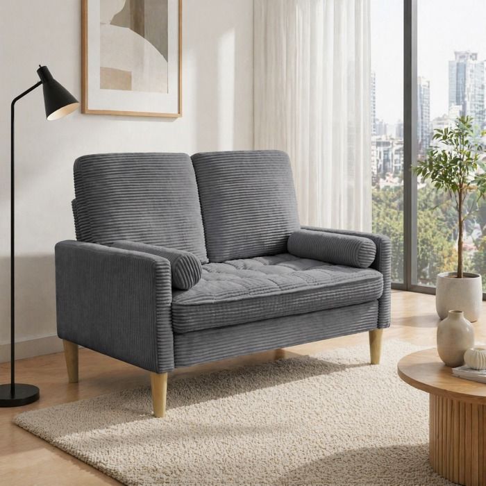Canapé fixe 2 places en velours côtelé gris style scandinave avec pieds en bois compact 121 cm JOINERY