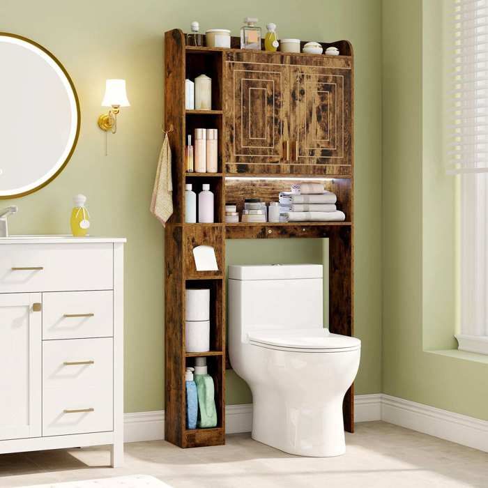 Montage facile meuble WC de rangement avec LED 3 couleurs 2 portes et 6 compartiments