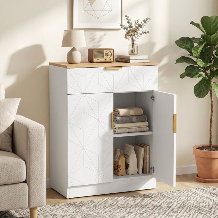 Buffet Bas 1 Tiroir et 1 Porte avec Étagère Réglable - YEAVIO - Laqué Bois Blanc 60×32×82 cm