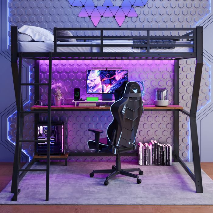 Lit Mezzanine 90x200 avec Bureau LED et Prises USB Lit Surélevé Métal Noir Escalier et Barrière Charge 240kg