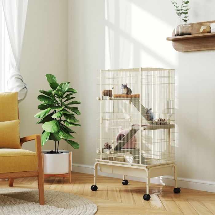 Cage pour lapin - 69 x 44 x 120 cm - 4 niveaux - 3 rampes - Plateau profond 15 cm