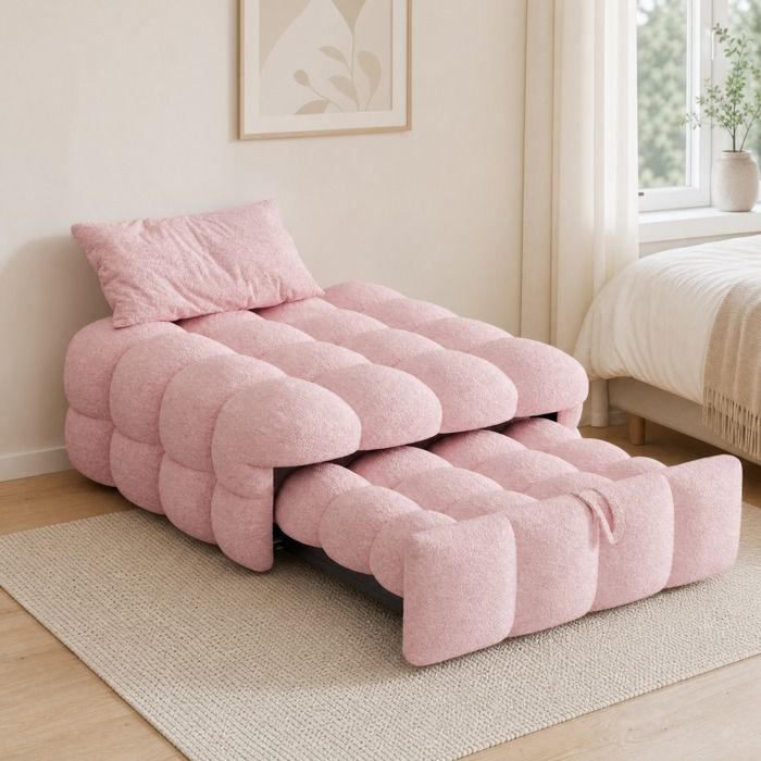 Canapé-lit 2-en-1 extensible 1 place bouclé rose pouf convertible sans matelas montage facile ORVRYN