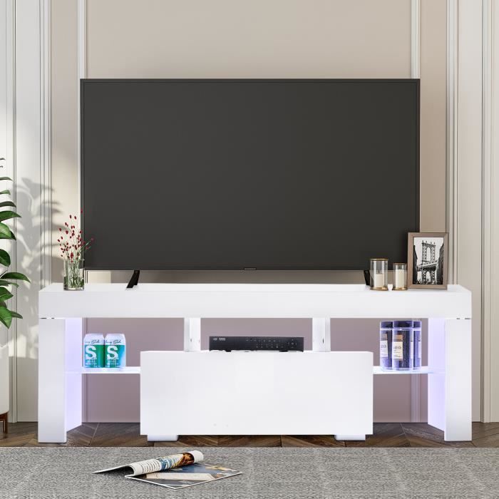 meuble tv-banc tv avec lumière de led-avec un tiroir-130 x 35 x 45 cm-blanc