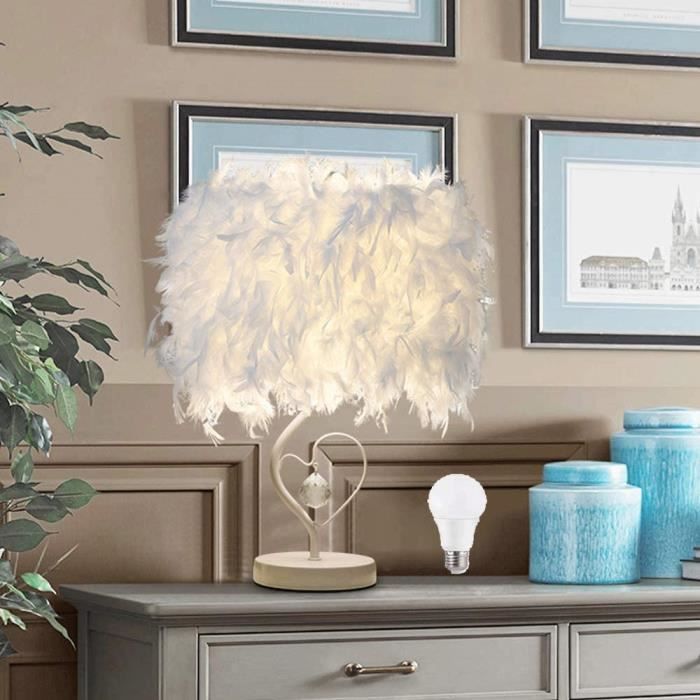 Lampe De Chevet Plume Blanche - Ambiance Romantique - Abat-jour Cygne Avec Pendentif Cœur - Ampoule E27 Incluse