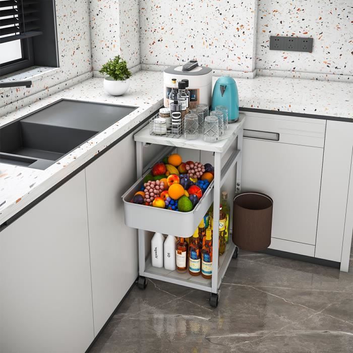 Chariot De Rangement Mobile 3 étages | Blanc Ou Noir | 69x33x22cm | Roulettes | Pour Cuisine, Salle De Bain, Bureau | En ABS Solide