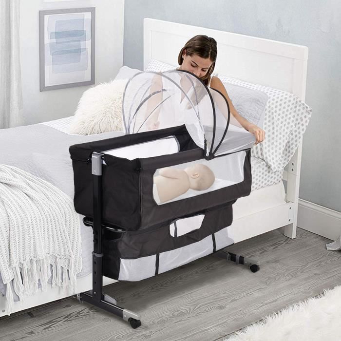 Lit dappoint pour bébé GRUS - Noir - Réglable en hauteur - Matelas inclus - 92*58*70-90cm