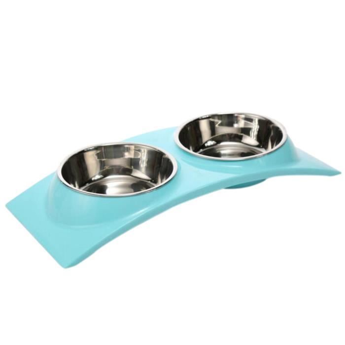 Gamelle Double Pour Chat/chien En Acier Inoxydable - Support Jaune, 2 Compartiments Nourriture/eau - Antidérapante, Facile à Nettoyer - Alimentaire Safe