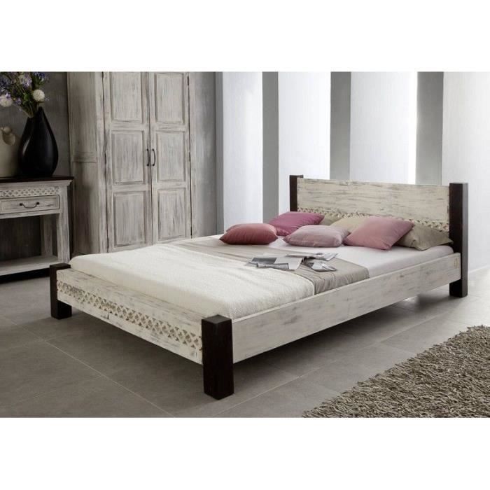Stucture lit 180x200cm - Bois massif de manguier ciré (Blanc antique) - Style Campagne Chic - CASTLE ANTIK 401