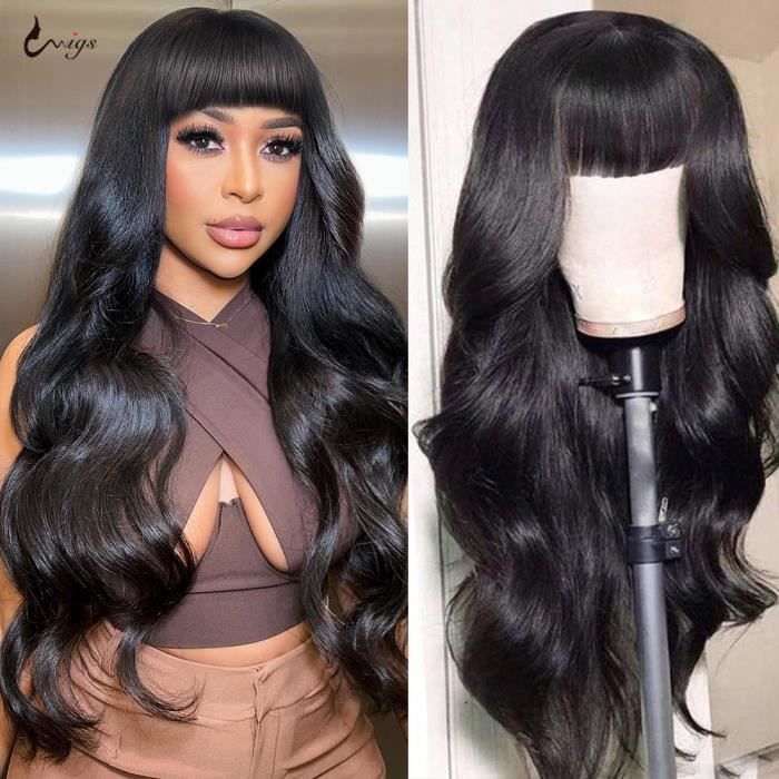 Perruque 100% Cheveux Humains Bruns - 12 Pouces, Frange, Bonnet Moyen, Neuve