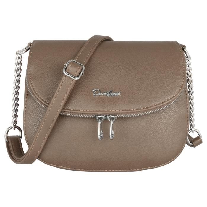 David Jones - Petite Besace Femme - Sac Bandoulière Chaîne Cuir PU Porté Epaule - Pochette Sacoche Zip à Rabat Compartiments -