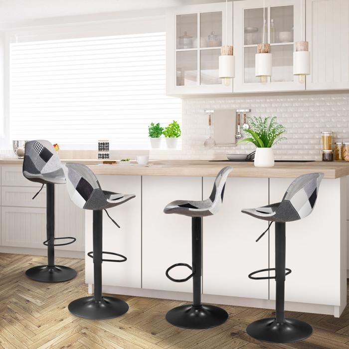 IDMARKET Lot de 4 tabourets de bar KARL design patchworks noirs gris et blancs pied noir IDMARKET Lot de 4 tabourets de bar KARL design patchworks noirs gris et blancs pied noir
