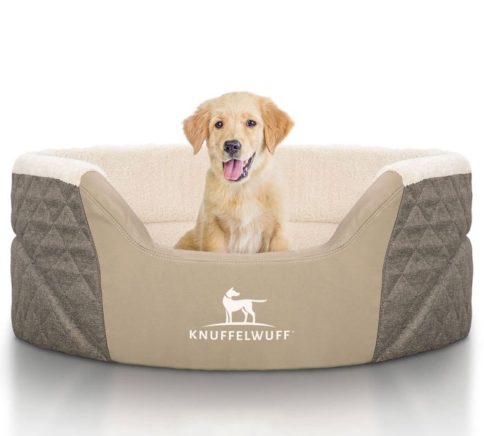 Meilleurs prix pour Knuffelwuff Lena panier corbeille orthopédique pour chien velours et similicuir M-L 70 x 55 x 25cm marron- beige