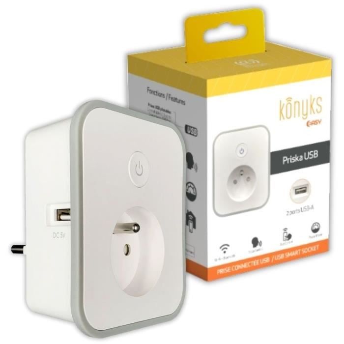 Konyks Priska USB - Prise Wi-Fi + Bluetooth 16A avec 2 prises USB-A + Compteur de consommation