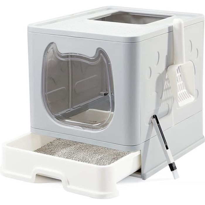 Meilleurs prix pour Bac à Litière pour Chat - MENGDA - Pliable avec Couvercle - Bac de Tiroir et Pelle à Litière - Portable - Gris