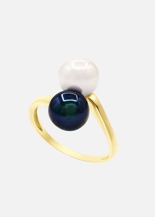 Bague - PERLINEA - Véritables Perles dEau Douce 7-8 mm - Or Jaune - Blanc Naturel & Noir Tahiti