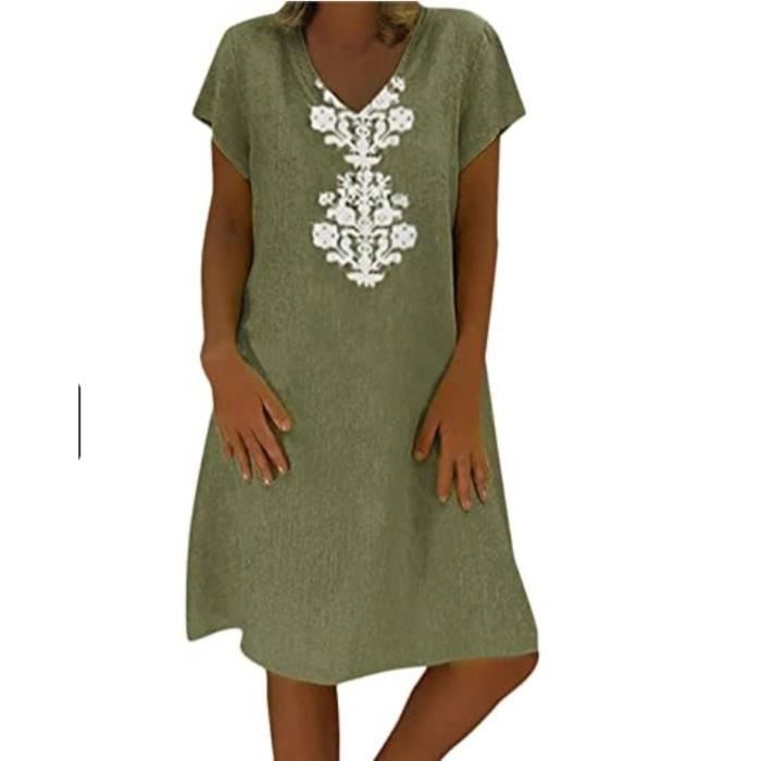 Robe D'été Femme En Lin Et Coton - Style Bohème Chic, Grande Taille, Manches Courtes, Col V - Parfaite Pour La Plage, Les Vacances Ou Les Sorties Décontractées
