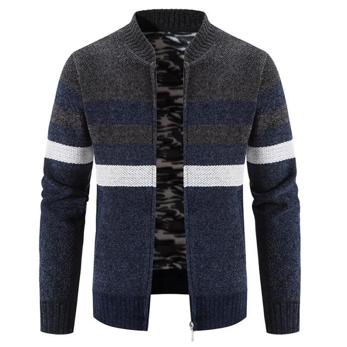 Gilet Zippe Homme en Tricot Doublé Polaire Chaud Col Montant Couleur