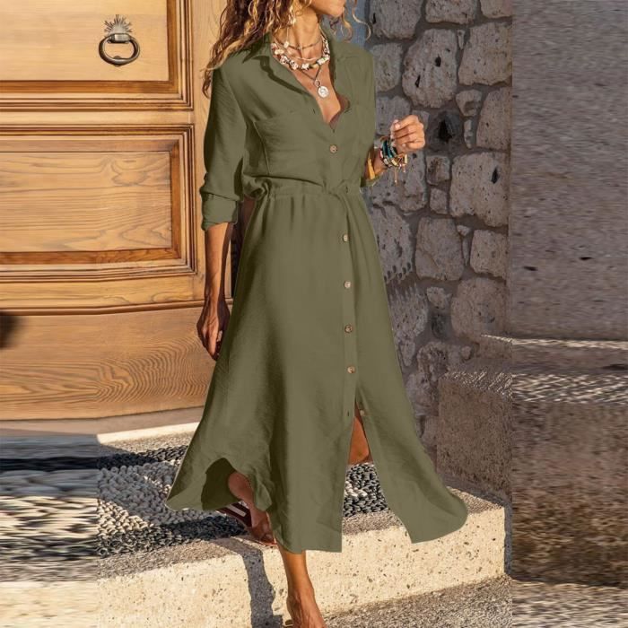 Robe Femme Robe Chemise En Coton Et Lin Pour Femme Armee Verte Armee verte Cdiscount Pret a Porter