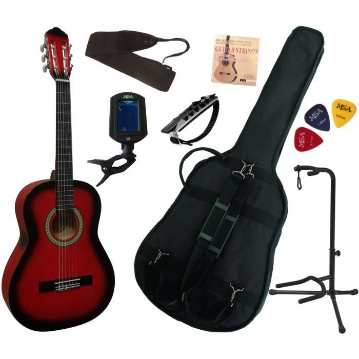 pack guitare classique 3/4 (8-13ans) pour enfant avec 7 accessoires (rouge)