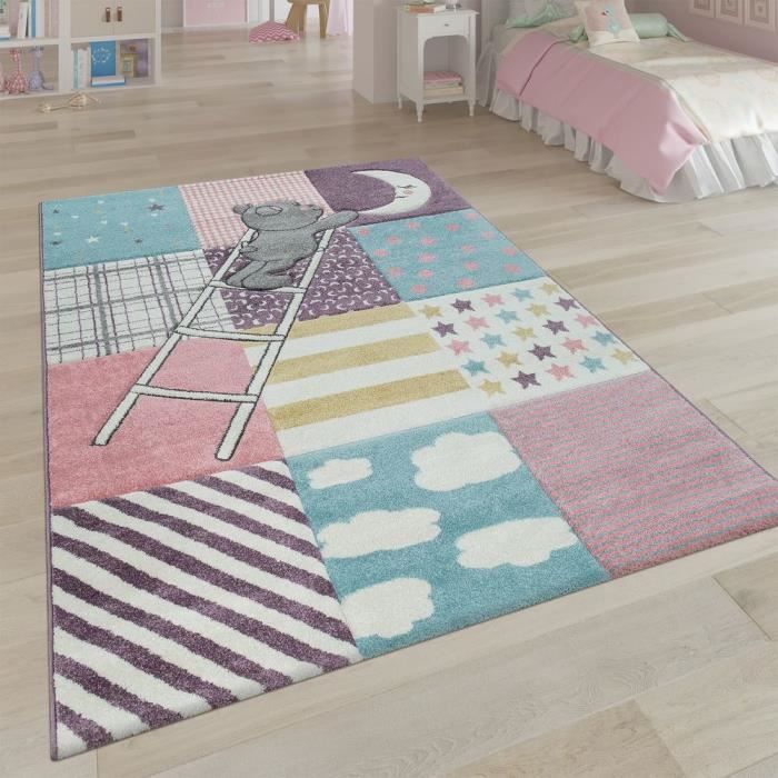 Dimension:120x170 cm Tapis Chambre Enfant Adorable Montgolfi/ère Nuages Joyeux Animaux Pastel en Cr/ème