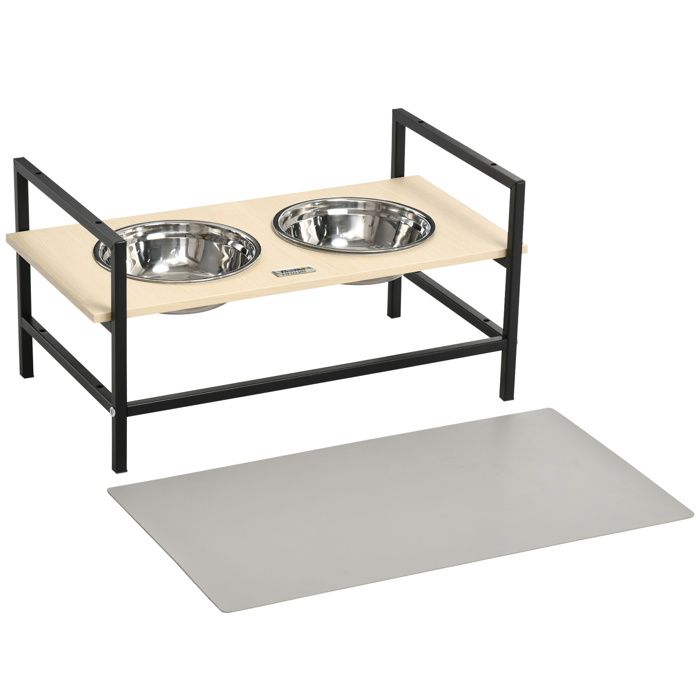 Gamelle double chien porte-gamelles surélevé réglable 2 gamelles acier inox et tapis inclus acier noir aspect bois clair