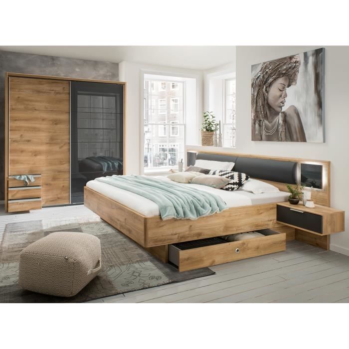 Chambre à coucher complète adulte Copenhague (lit 180x200 cm King Size + 2 chevets + armoire) imitation chêne poutre-graphite