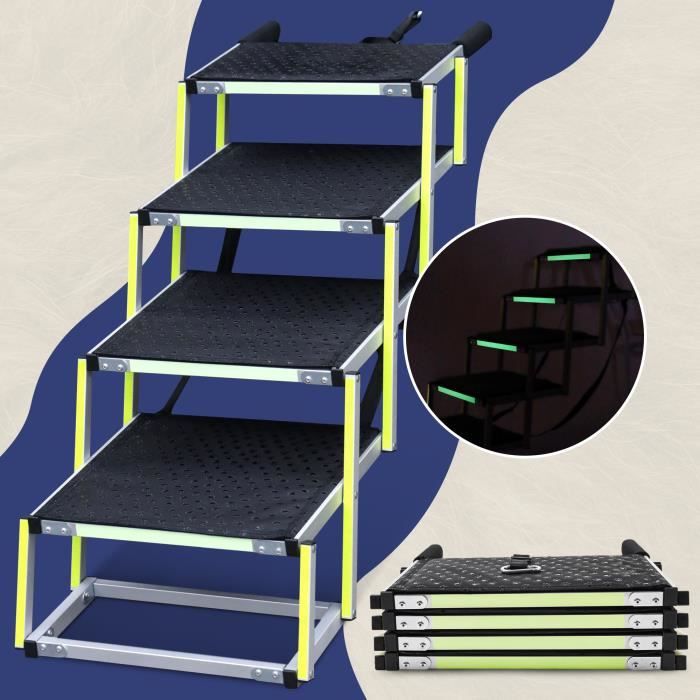 Comparer les prix de Escalier pour chien PRIORPET - Marquage phosphorescent - Rampe pliable pour voiture - 4 marches