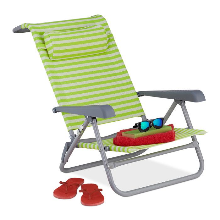 Relaxdays chaise longue pliante 8 niveaux réglables transat de plage avec repose-tête accoudoirs vert/blanc