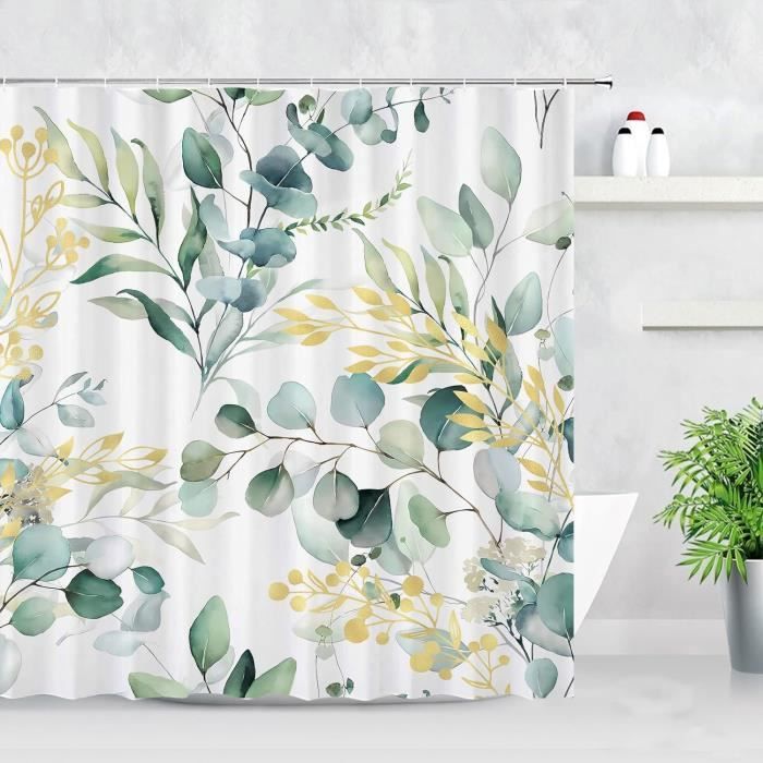 Uiiooazy Rideau De Douche Eucalyptus – Feuilles Vertes Et Fleurs Violettes – Tissu Polyester Imperméable Anti-Moisissure 120x200 Cm + 8 Crochets